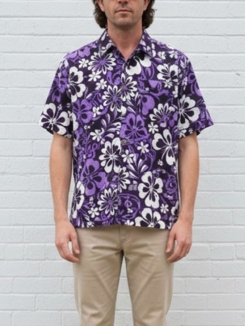 Vintage Purple Funky Tropical Flower Short Sleeve Shirt Mens Size Medium Hawaii